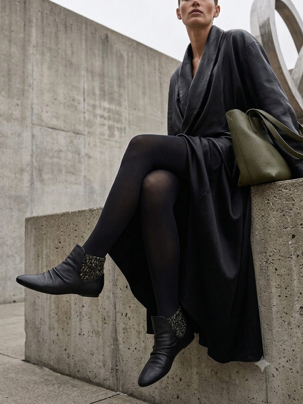 Shellys London Black Leather Low Booties With Green Knit Inserts